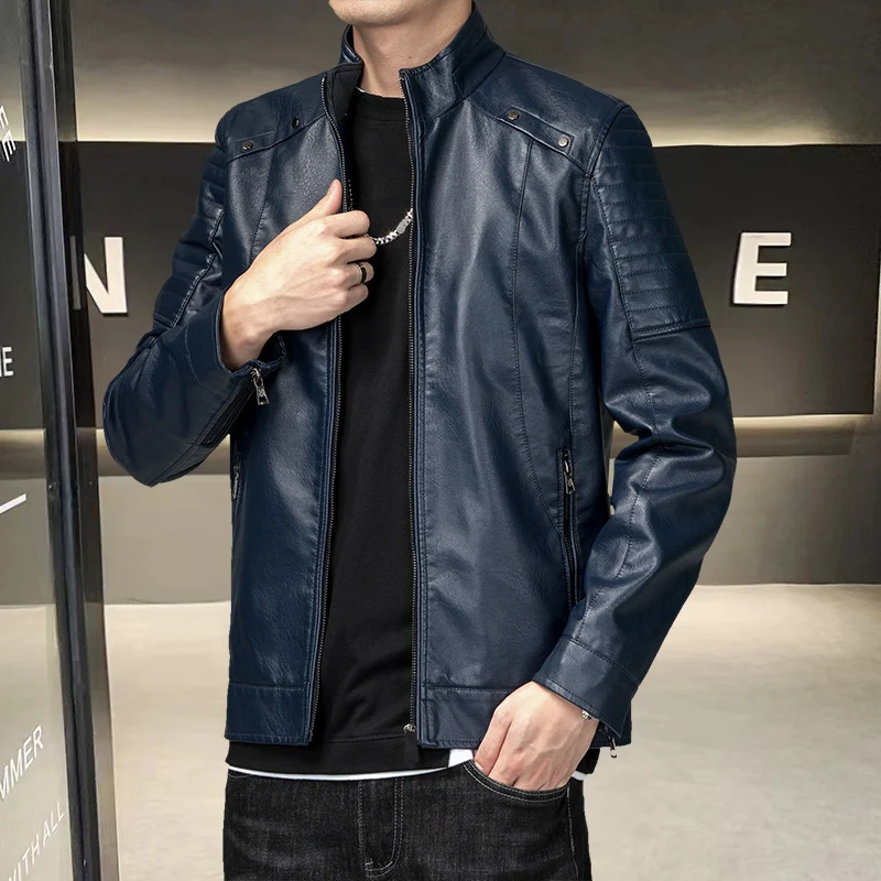 Herren schlanker Kunstleder-Moto-Blouson mit ergonomischen Nähten und Stehkragen Drune