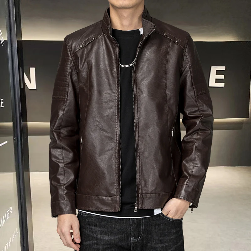 Herren schlanker Kunstleder-Moto-Blouson mit ergonomischen Nähten und Stehkragen Drune