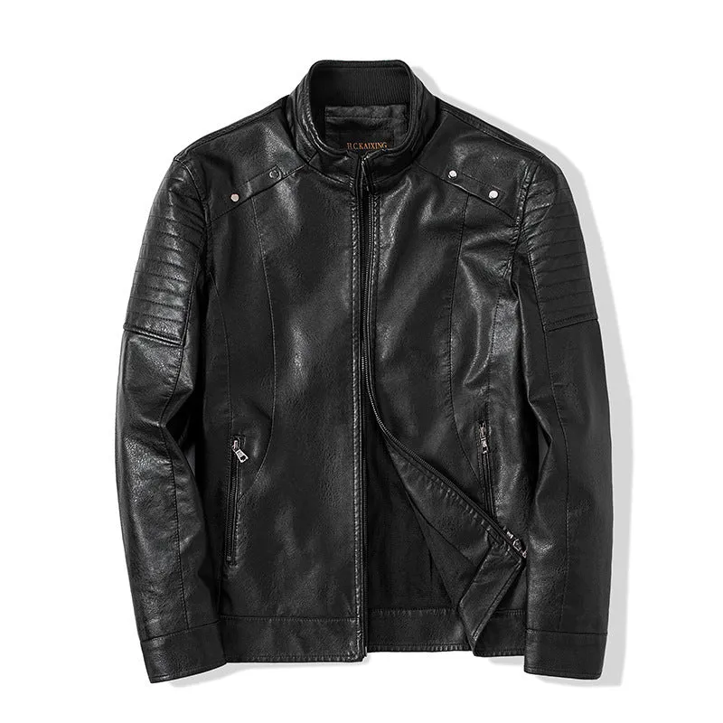 Herren schlanker Kunstleder-Moto-Blouson mit ergonomischen Nähten und Stehkragen Drune