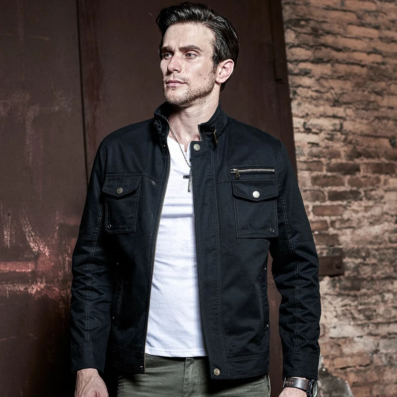 Herren schlanke Canvas-Fieldjacke mit militärischer Taschendetailierung und Stehkragen Drune