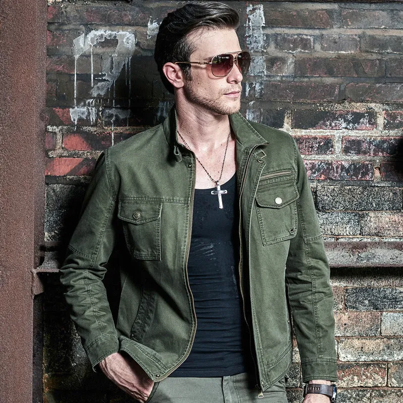 Herren schlanke Canvas-Fieldjacke mit militärischer Taschendetailierung und Stehkragen Drune