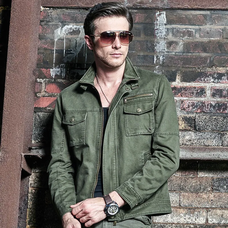 Herren schlanke Canvas-Fieldjacke mit militärischer Taschendetailierung und Stehkragen Drune