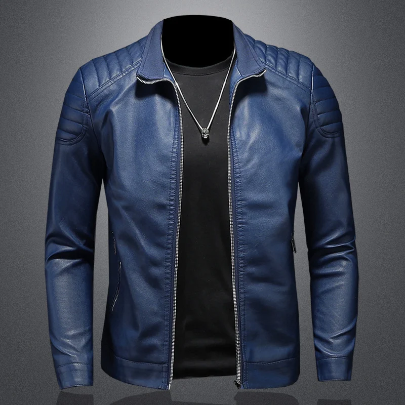 Herren schlank geschnittene Kunstleder-Motojacke mit Stehkragen und gesteppter Schulterpasse Drune