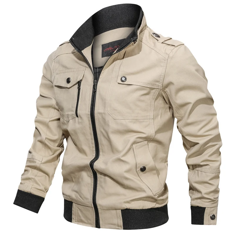 Herren robuste Canvas-Pilotenjacke mit Schulterepauletten, Rippbündchen und Multifunktions-Taschen Drune