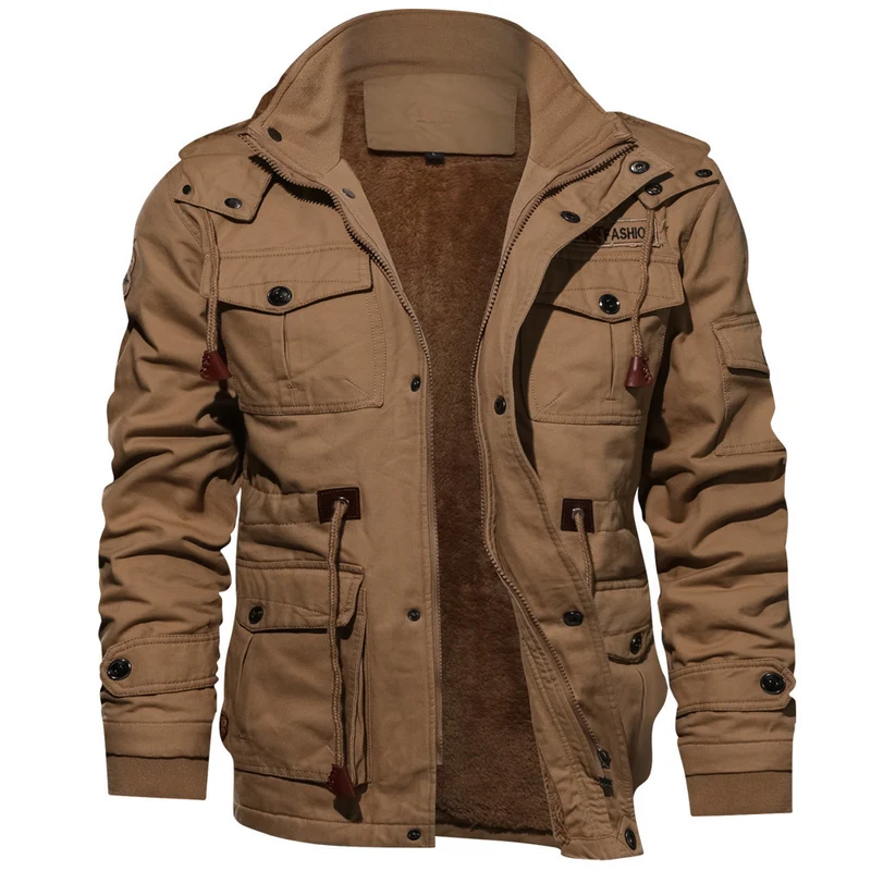 Herren robuste Canvas-Fieldjacke mit wärmender Samtfleece-Innenlage, Kapuze und Multifunktionstaschen Drune