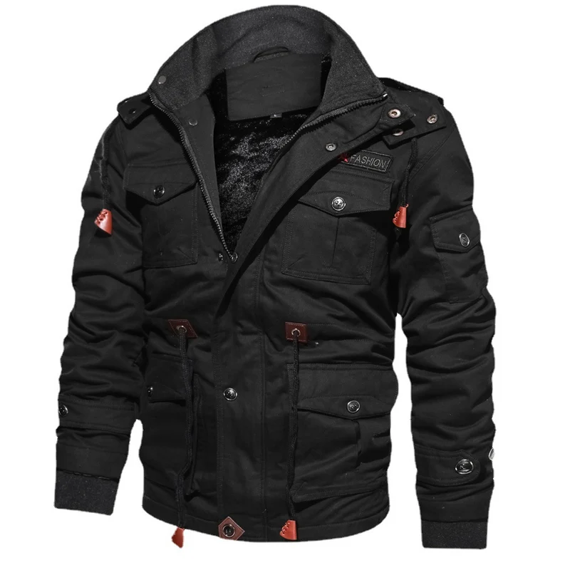Herren robuste Canvas-Fieldjacke mit wärmender Samtfleece-Innenlage, Kapuze und Multifunktionstaschen Drune