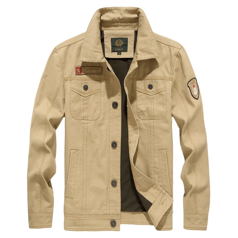 Herren Robuste Canvas-Fieldjacke im Military-Worker-Stil mit Brustpattentaschen und Zier-Patches Drune