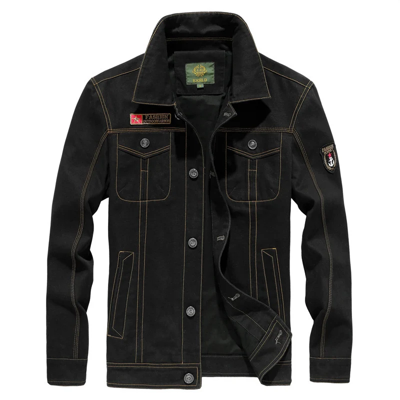 Herren Robuste Canvas-Fieldjacke im Military-Worker-Stil mit Brustpattentaschen und Zier-Patches Drune