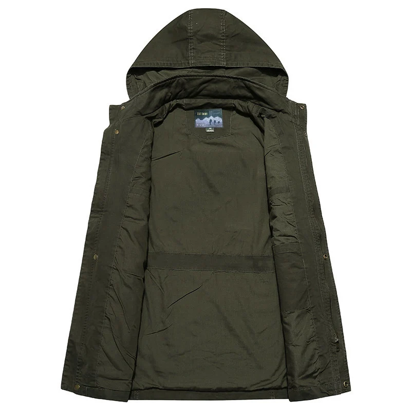 Herren robuste Canvas-Feldjacke mit Kapuze, Mehrfach-Taschen und verstärkten Nähten Drune