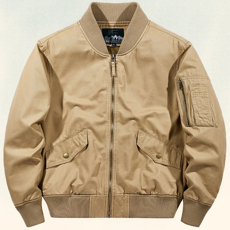 Herren Robuste Canvas-Bomberjacke im Pilotenstil mit Ärmeltasche und geripptem Saum Drune