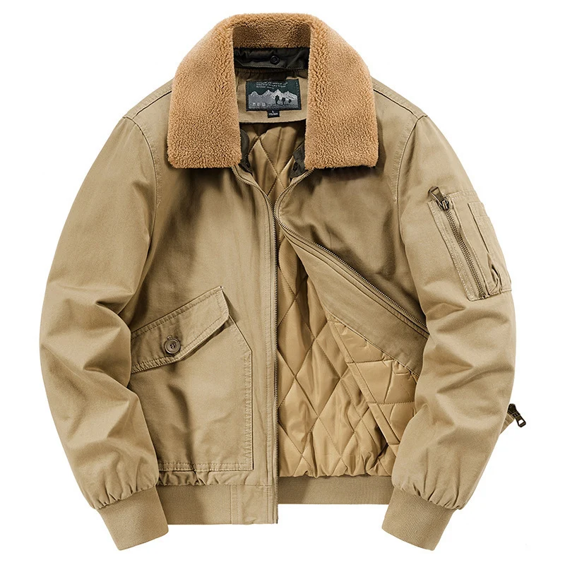 Herren Retro-Pilotenblouson im Field‑Stil mit Kunstfellkragen, diamantgesteppter Innenlage und Multifunktionstaschen Drune