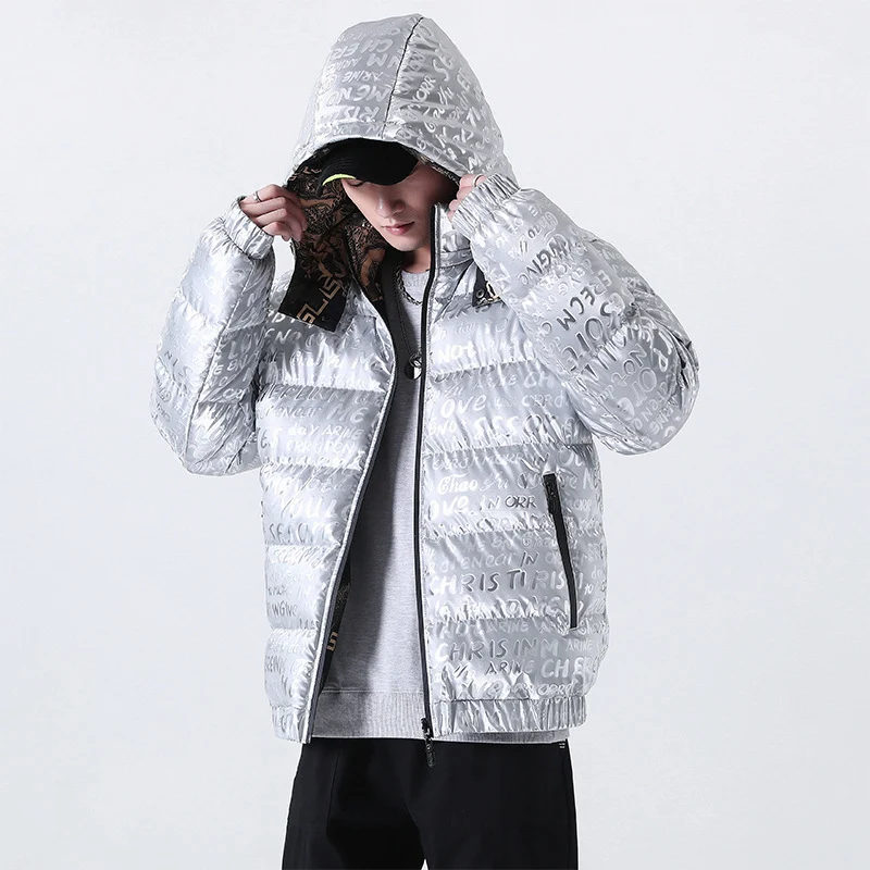 Herren Reflektierende gesteppte Daunenoptik-Überjacke mit Kapuze und Allover-Print Drune