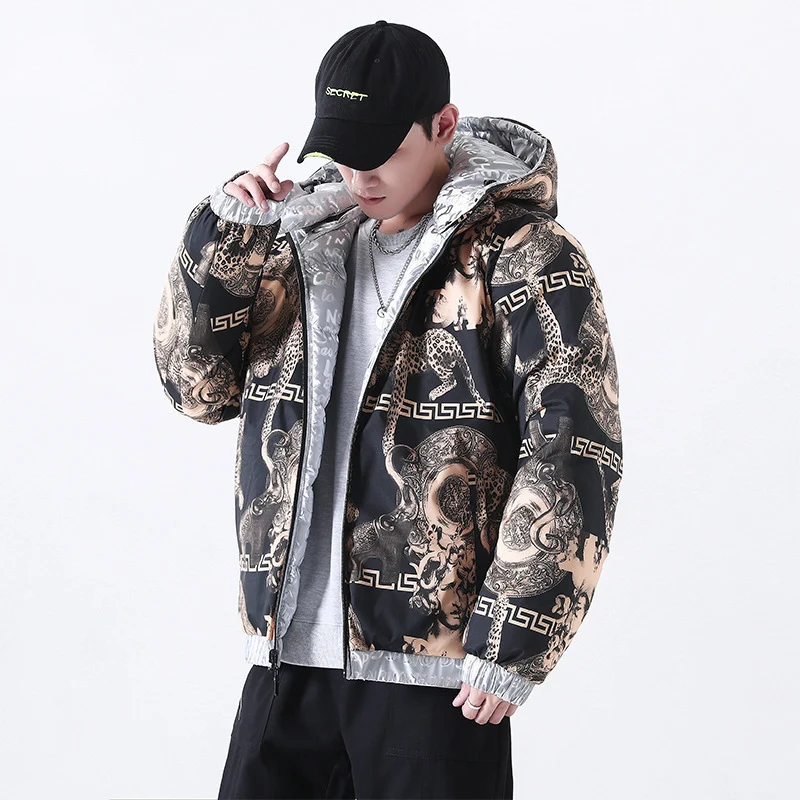 Herren Reflektierende gesteppte Daunenoptik-Überjacke mit Kapuze und Allover-Print Drune