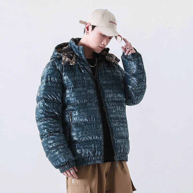 Herren Reflektierende gesteppte Daunenoptik-Überjacke mit Kapuze und Allover-Print Drune