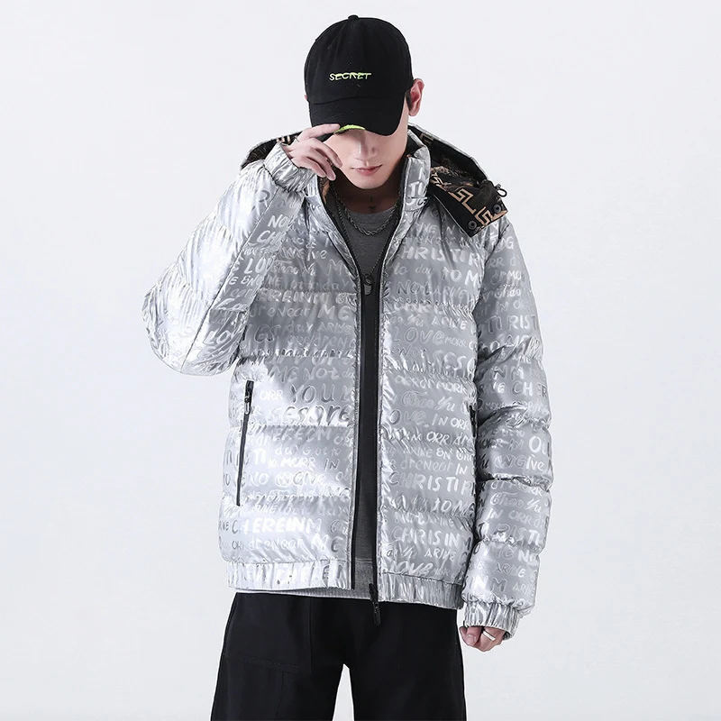 Herren Reflektierende gesteppte Daunenoptik-Überjacke mit Kapuze und Allover-Print Drune