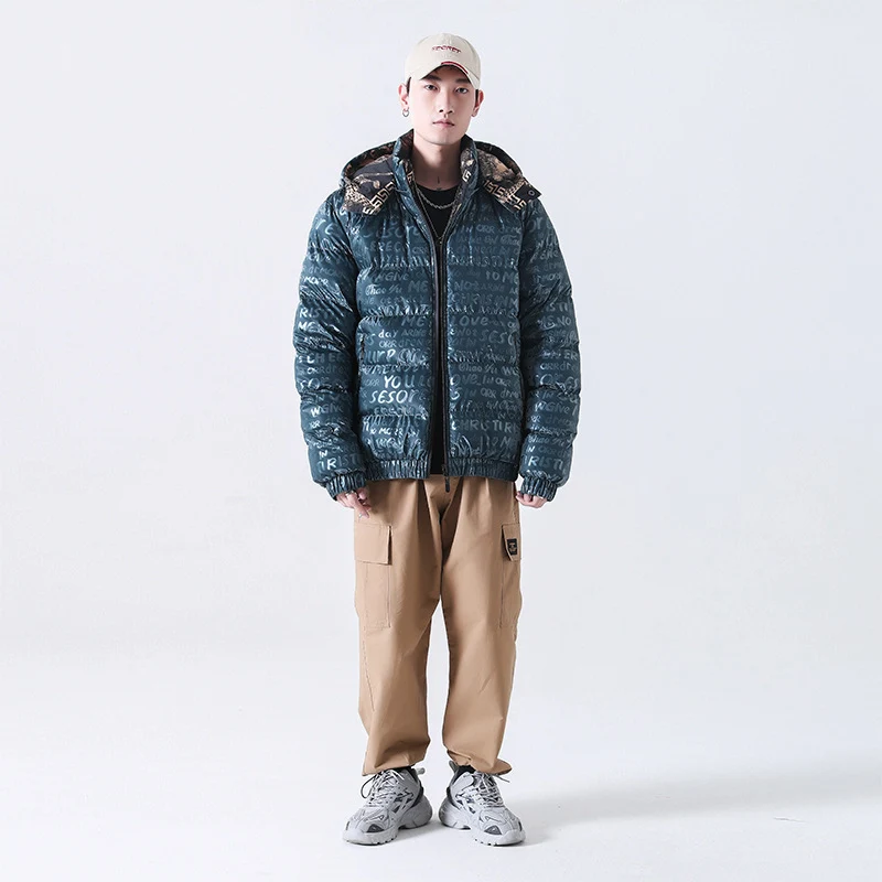 Herren Reflektierende gesteppte Daunenoptik-Überjacke mit Kapuze und Allover-Print Drune
