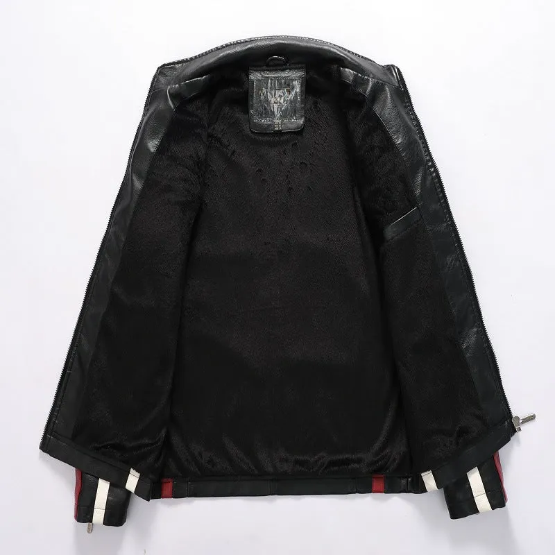 Herren Racing-Style Kunstlederjacke mit Aufnähern, Kontraststreifen und Stehkragen Drune