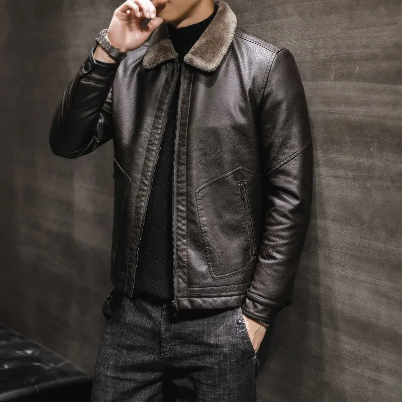 Herren Premium Kunstleder‑Fliegerblouson mit kontrastierendem Teddykragen und verdeckter Reißverschlussleiste Drune