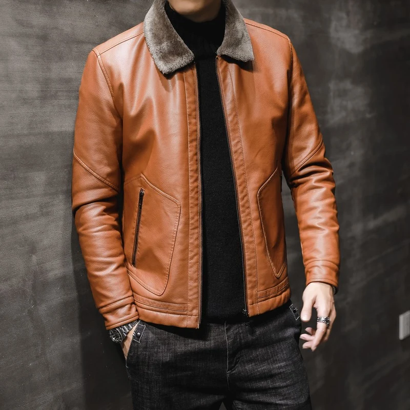 Herren Premium Kunstleder‑Fliegerblouson mit kontrastierendem Teddykragen und verdeckter Reißverschlussleiste Drune