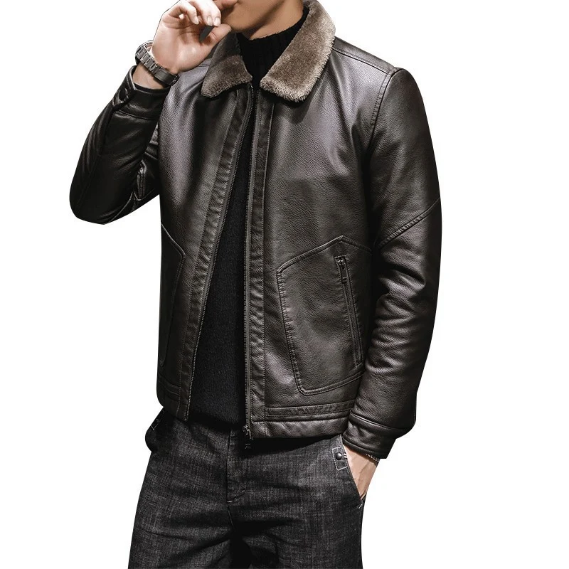 Herren Premium Kunstleder‑Fliegerblouson mit kontrastierendem Teddykragen und verdeckter Reißverschlussleiste Drune