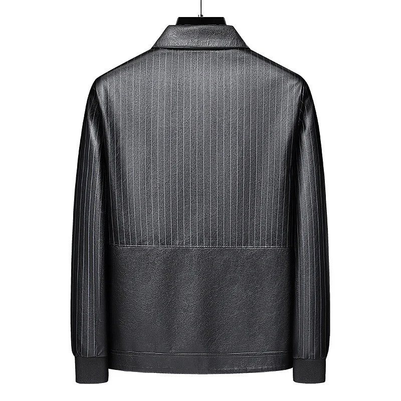 Herren Pinstripe Kunstleder-Truckerjacke mit Druckknopffront und gerippten Bündchen Drune