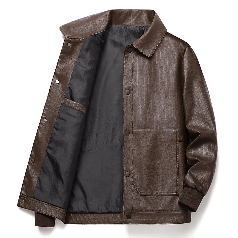 Herren Pinstripe Kunstleder-Truckerjacke mit Druckknopffront und gerippten Bündchen Drune