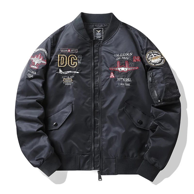 Herren Piloten-Bomberjacke im Vintage-Military-Stil mit gestickten Flugpatches und wasserabweisender Nylonoberfläche Drune
