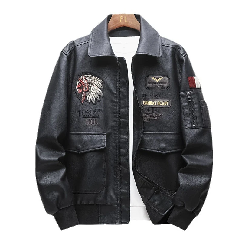 Herren Piloten‑Bomberjacke aus Kunstleder mit gestickten Patches und Rippbündchen Drune
