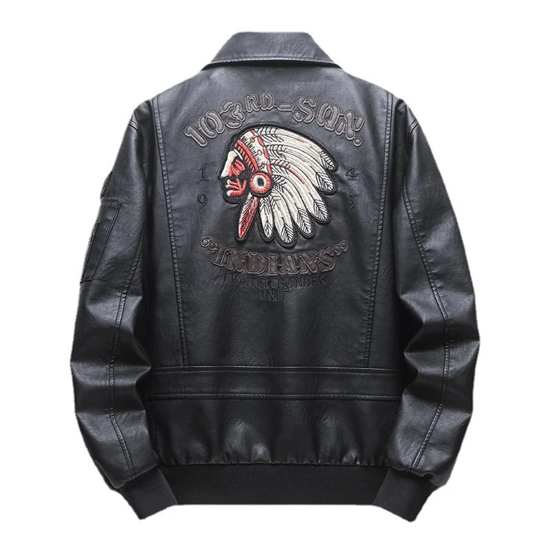 Herren Piloten‑Bomberjacke aus Kunstleder mit gestickten Patches und Rippbündchen Drune