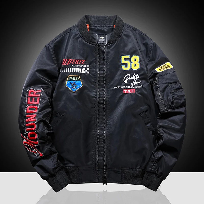 Herren Patchverzierte Piloten‑Bomberjacke aus Nylon mit Ärmeltasche und Rippbündchen Drune
