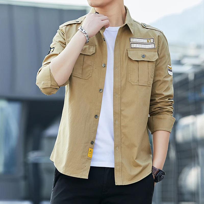 Herren Overshirt im Military-Utility-Stil mit Schulterpatten, Brustklappen und leichtem Baumwollmix Drune