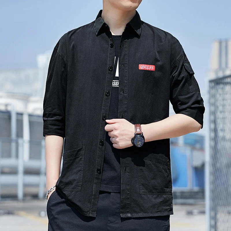 Herren Overshirt‑Hemdjacke im leichten Canvas‑Look mit aufgesetzten Fronttaschen und verkürzten Ärmeln Drune