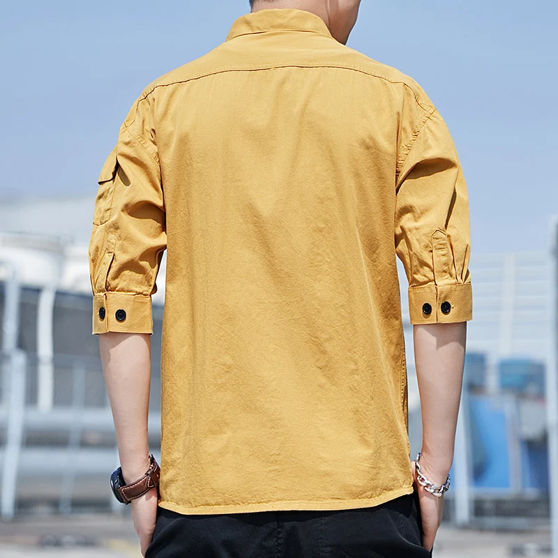 Herren Overshirt‑Hemdjacke im leichten Canvas‑Look mit aufgesetzten Fronttaschen und verkürzten Ärmeln Drune