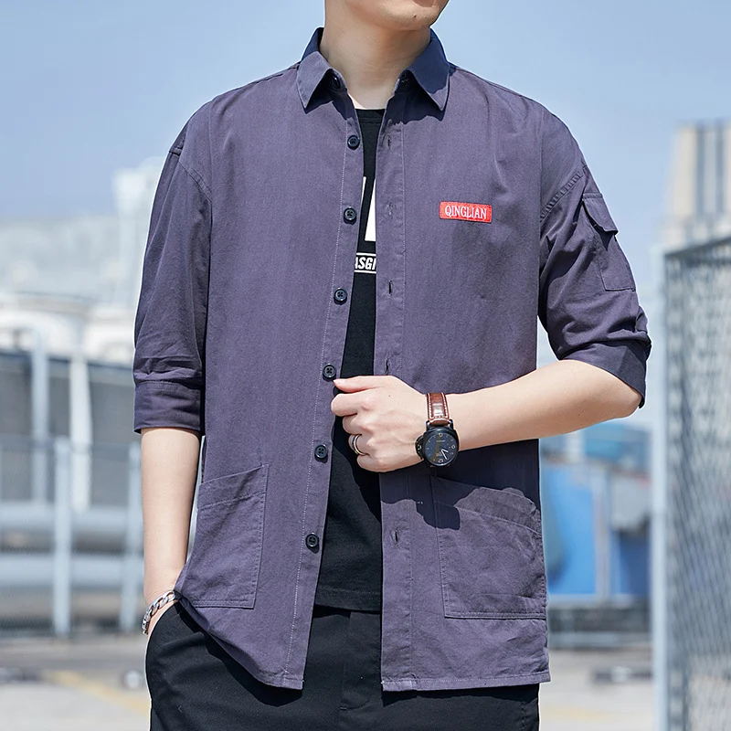Herren Overshirt‑Hemdjacke im leichten Canvas‑Look mit aufgesetzten Fronttaschen und verkürzten Ärmeln Drune