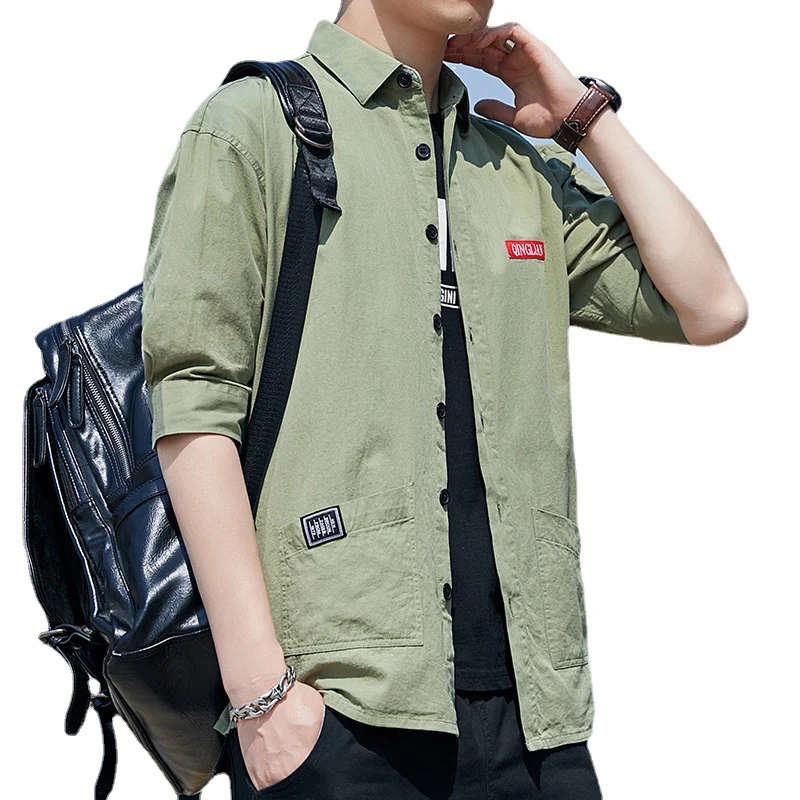 Herren Overshirt‑Hemdjacke im leichten Canvas‑Look mit aufgesetzten Fronttaschen und verkürzten Ärmeln Drune