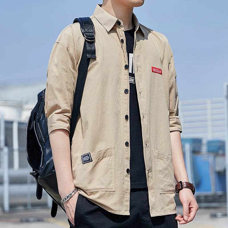 Herren Overshirt‑Hemdjacke im leichten Canvas‑Look mit aufgesetzten Fronttaschen und verkürzten Ärmeln Drune