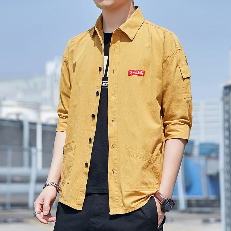 Herren Overshirt‑Hemdjacke im leichten Canvas‑Look mit aufgesetzten Fronttaschen und verkürzten Ärmeln Drune