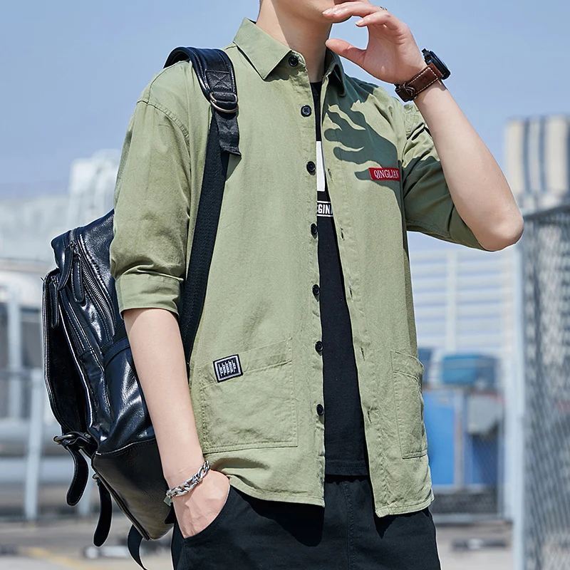Herren Overshirt‑Hemdjacke im leichten Canvas‑Look mit aufgesetzten Fronttaschen und verkürzten Ärmeln Drune