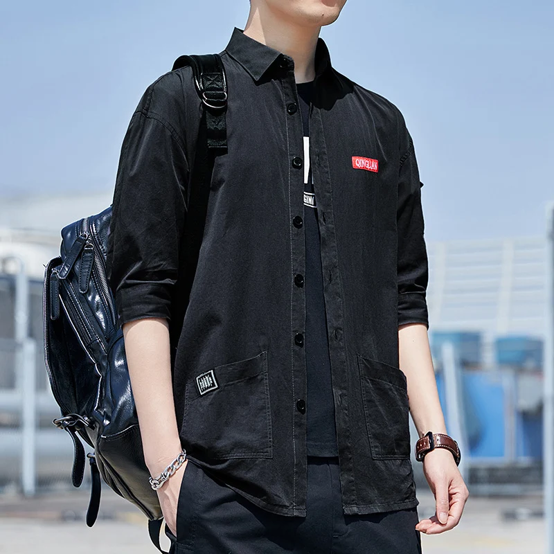 Herren Overshirt‑Hemdjacke im leichten Canvas‑Look mit aufgesetzten Fronttaschen und verkürzten Ärmeln Drune