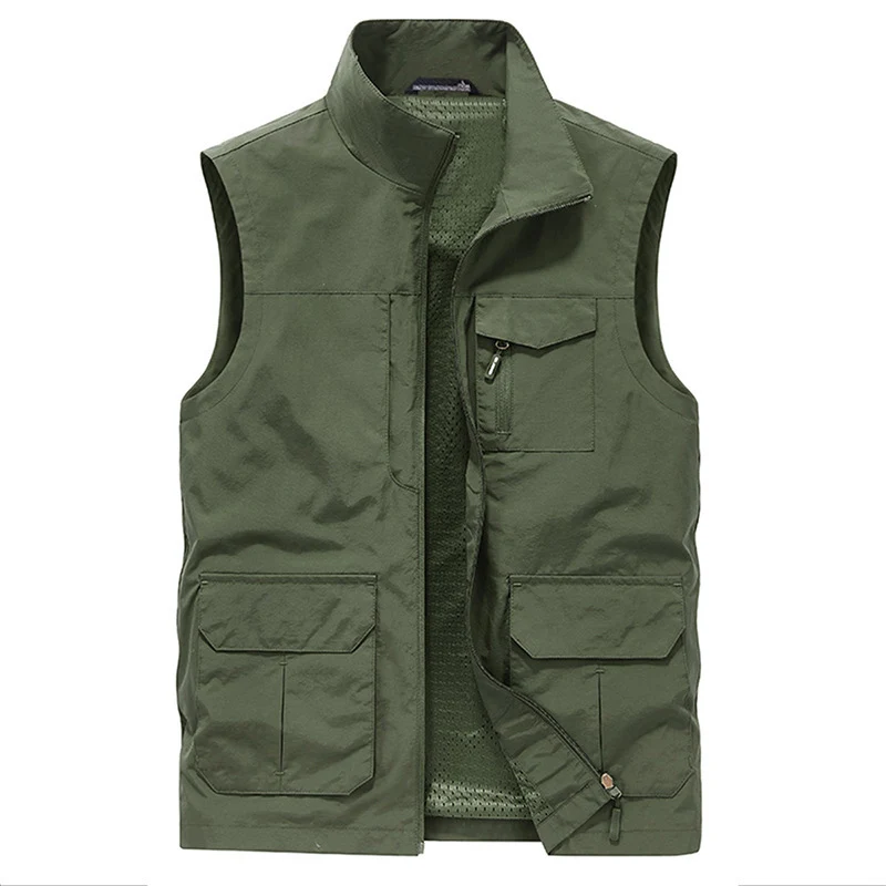 Herren Mehrtaschen Utility-Weste mit Reißverschluss, Mesh‑Innenfutter und Stehkragen Drune