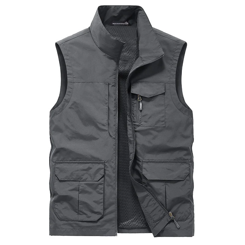 Herren Mehrtaschen Utility-Weste mit Reißverschluss, Mesh‑Innenfutter und Stehkragen Drune