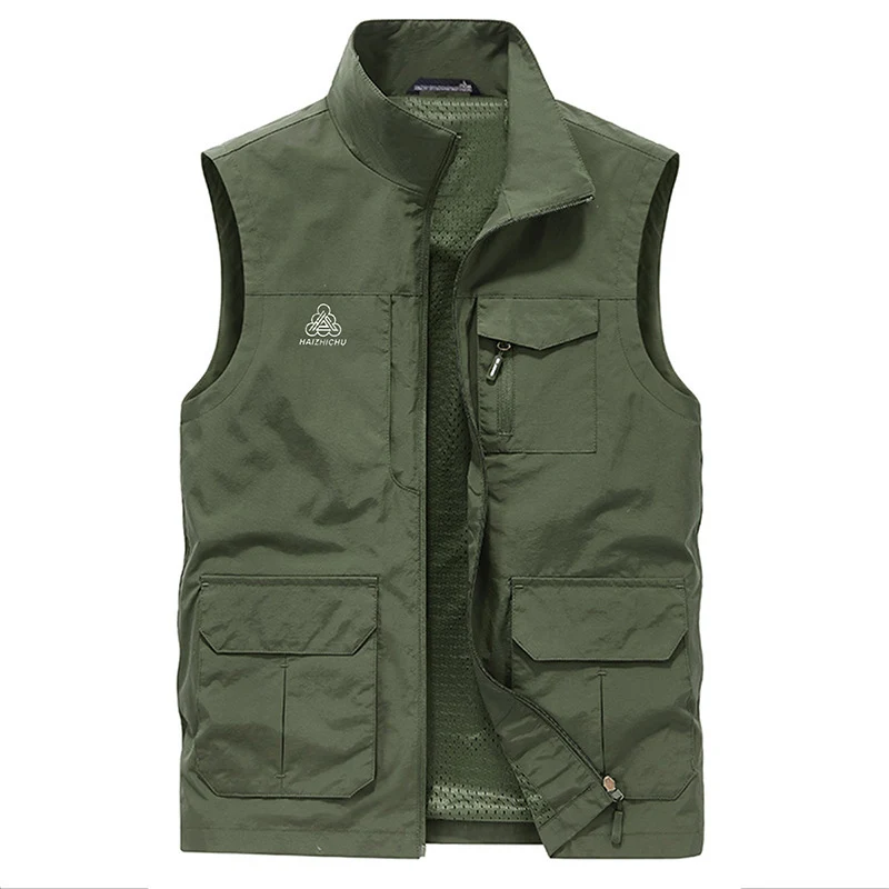 Herren Mehrtaschen Utility-Weste mit Reißverschluss, Mesh‑Innenfutter und Stehkragen Drune