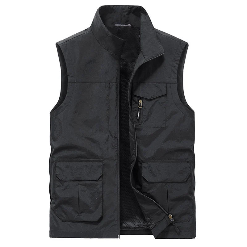 Herren Mehrtaschen Utility-Weste mit Reißverschluss, Mesh‑Innenfutter und Stehkragen Drune