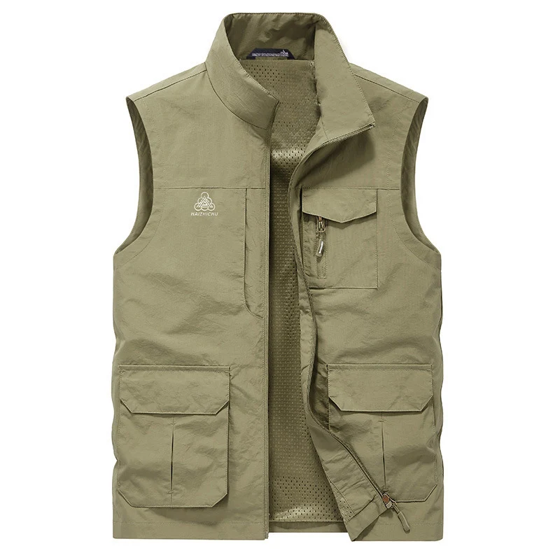Herren Mehrtaschen Utility-Weste mit Reißverschluss, Mesh‑Innenfutter und Stehkragen Drune