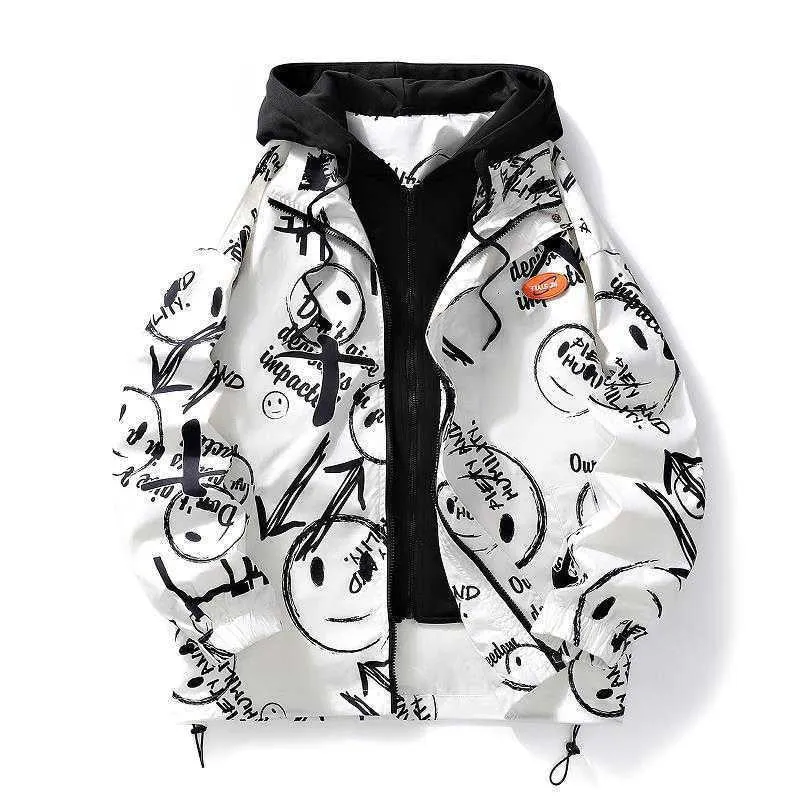 Herren mehrlagige Übergangsjacke mit Kapuzen-Innenlayer und Smiley-Graffiti-Print Drune