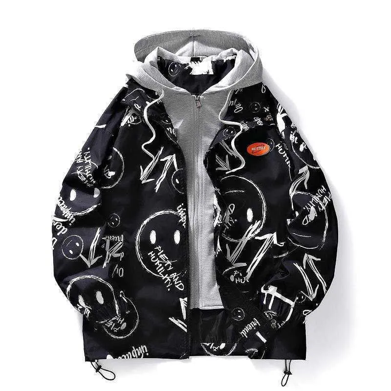 Herren mehrlagige Übergangsjacke mit Kapuzen-Innenlayer und Smiley-Graffiti-Print Drune