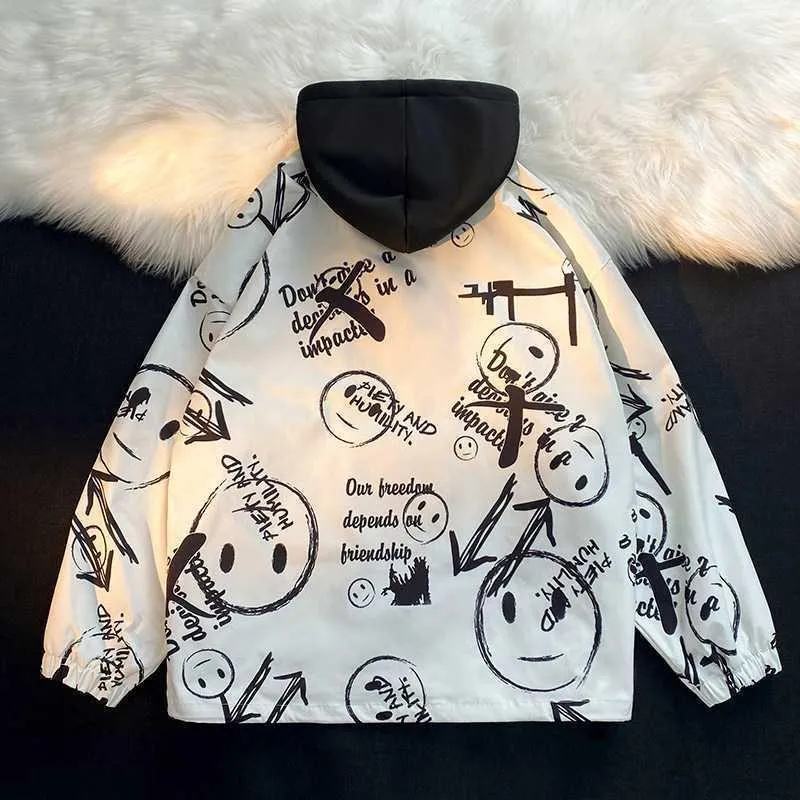 Herren mehrlagige Übergangsjacke mit Kapuzen-Innenlayer und Smiley-Graffiti-Print Drune