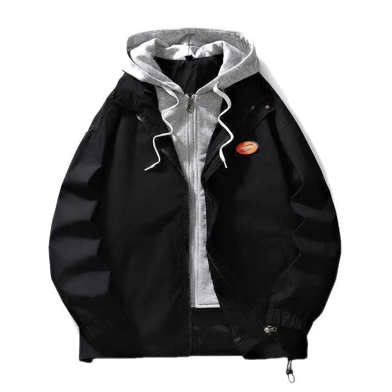 Herren mehrlagige Übergangsjacke mit Kapuzen-Innenlayer und Smiley-Graffiti-Print Drune