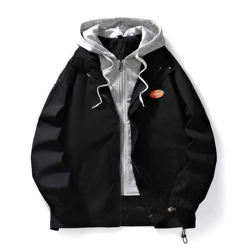 Herren mehrlagige Übergangsjacke mit Kapuzen-Innenlayer und Smiley-Graffiti-Print Drune