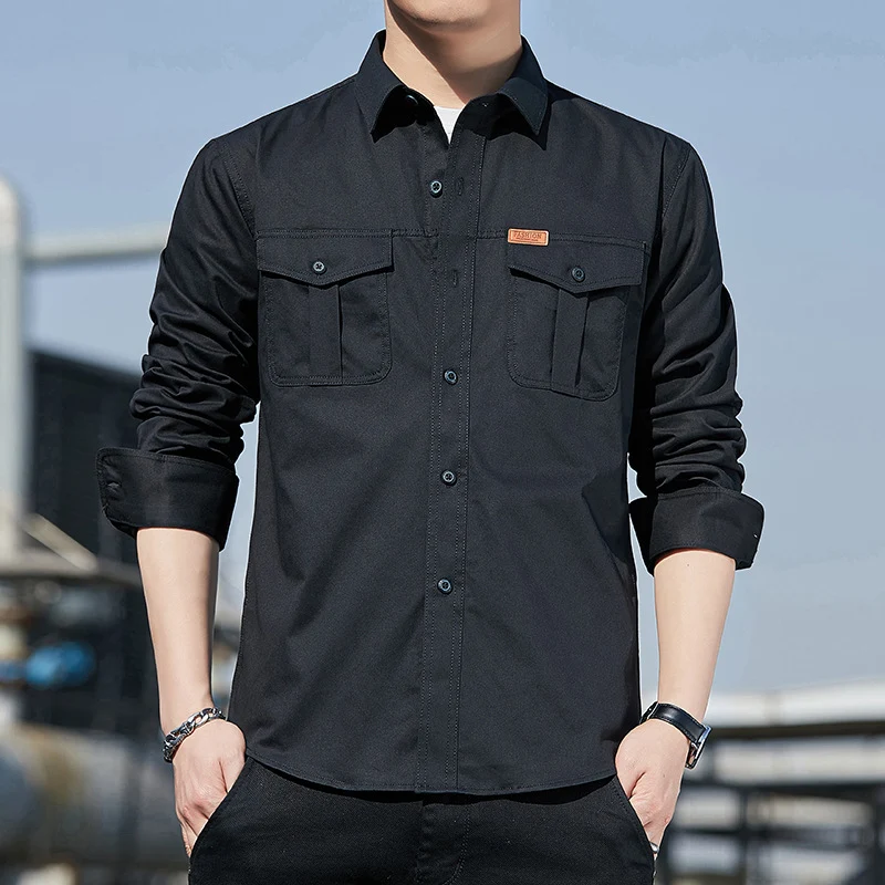 Herren leichtes Utility-Overshirt aus Baumwoll-Canvas mit Brustpattentaschen Drune